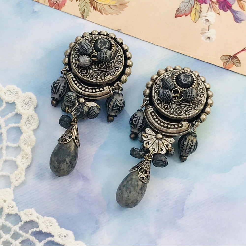 Vintage Denim Blue Silver Dangle Clip Earrings